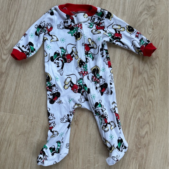 DISNEY Mickey & Minnie Mouse Winter Full-Zip Footed Onesie Red Trim ~ 0-3 mos - Picture 2 of 7